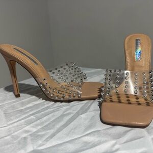 Liliana Nude High Heel Mule with Clear Studded Strap